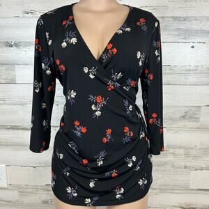 Kaileigh Faux Wrap Ruched Side Stretchy Blouse Floral Women’s Size Large Top